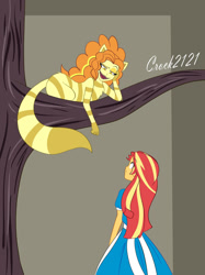 Size: 1280x1715 | Tagged: safe, artist:crock2121, adagio dazzle, sunset shimmer, cat, human, equestria girls, equestria girls series, g4, alice, alice in wonderland, cheshire cat, clothes, cosplay, costume, dress, female, simple background, tree, tree branch, white background