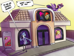 Size: 3880x2975 | Tagged: safe, artist:timsplosion, twilight sparkle, alicorn, pony, g4, cellphone, combination pizza hut and taco bell, crossover, crossover shipping, dialogue, female, glowing, glowing horn, high res, horn, magic, male, mare, mordecai, mordetwi, phone, pizza hut, regular show, shipping, straight, taco bell, telekinesis, twilight sparkle (alicorn)