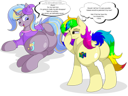 Size: 9000x6750 | Tagged: safe, artist:rainbowtashie, oc, oc:rainbow tashie, oc:strict talent, earth pony, pony, unicorn, butt, clothes, commissioner:bigonionbean, cutie mark, dialogue, dummy thicc, extra thicc, female, flank, fusion, fusion:ms. harshwhinny, fusion:trixie, hat, mare, nintendo, nintendo 64, plot, simple background, the ass was fat, thought bubble, transparent background, writer:bigonionbean