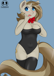 Size: 3445x4823 | Tagged: safe, artist:panda-man90, oc, oc only, oc:royal minutes, earth pony, unicorn, anthro, unguligrade anthro, blushing, bowtie, breasts, cleavage, clothes, commissioner:bigonionbean, cutie mark, embarrassed, female, fusion, fusion:prince blueblood, fusion:time turner, horn, leggings, mare, one-piece swimsuit, rule 63, shocked, shy, socks, solo, swimsuit, tail, thigh highs, writer:bigonionbean