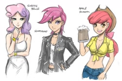 Size: 1444x958 | Tagged: safe, artist:johnjoseco, edit, apple bloom, scootaloo, sweetie belle, human, adult, cider, clothes, cropped, cutie mark crusaders, dress, female, humanized, midriff, older, older apple bloom, older cmc, older scootaloo, older sweetie belle, simple background, white background