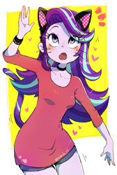 Size: 2144x3200 | Tagged: dead source, safe, artist:fuyugi, starlight glimmer, kemonomimi, equestria girls, g4, abstract background, blushing, breasts, cat ears, cat tail, catgirl, choker, cute, cute little fangs, eye clipping through hair, eyebrows, fangs, female, glimmerbetes, high res, looking up, neko, open mouth, small breasts, solo, tail, whiskers