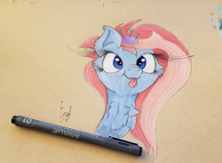 Size: 1709x1253 | Tagged: safe, artist:engi, kerfuffle, pegasus, pony, g4, :p, chest fluff, colored pencil drawing, cute, eyelashes, female, happy, looking at you, pencil, photo, pincushion, simple background, smiling, solo, tongue out, traditional art