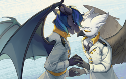 Size: 2530x1590 | Tagged: safe, artist:莫衡, oc, oc only, oc:nocturne star, oc:tristan alastair, bat pony, griffon, anthro, beak, blue hair, blue mane, chest fluff, claws, clothes, couple, duo, gay, gray coat, grey fur, griffon oc, half body, hand, holding hands, love, male, military uniform, oc x oc, peaceful, purple eyes, shipping, smiling, smirk, spread wings, suit, uniform, wallpaper, white coat, white fur, white shirt, wings