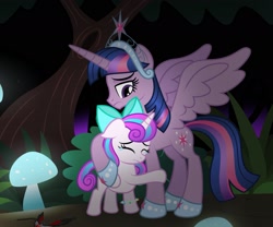 Size: 1672x1389 | Tagged: safe, artist:aleximusprime, princess flurry heart, twilight sparkle, alicorn, pony, dream of alicornication, flurry heart's story, g4, alicorn amulet, aunt and niece, bow, bush, comforting, crying, description is relevant, duo, everfree forest, female, filly, filly flurry heart, foal, forest, glowing mushroom, hair bow, height difference, mushroom, night, older, older flurry heart, older twilight, physique difference, sad, safeguard bracelet, slender, story included, thin, tree, twilight sparkle (alicorn), woobie