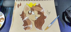 Size: 4000x1800 | Tagged: safe, artist:engi, oc, oc only, oc:prince whateverer, pegasus, pony, crown, happy, jewelry, male, musician, pegasus oc, photo, regalia, sharp teeth, simple background, smiling, solo, teeth, traditional art, watercolor painting, white pupils