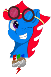 Size: 1280x1920 | Tagged: safe, artist:engi, oc, oc only, oc:engi, pegasus, pony, badge, con badge, digital art, goggles, happy, looking at you, one eye closed, pegasus oc, simple background, smiling, solo, transparent background, wink, winking at you