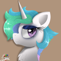 Size: 5000x5000 | Tagged: safe, artist:engi, princess celestia, alicorn, pony, g4, chest fluff, colored pupils, cute, digital art, ethereal mane, eyelashes, eyeshadow, female, horn, lidded eyes, looking at you, makeup, mare, short mane, simple background, smiling, smiling at you, smirk, smug, solo, starry eyes, starry mane, wingding eyes