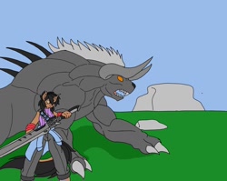 Size: 1991x1583 | Tagged: safe, artist:zeroraid, oc, kirin, anthro, anthro oc, behemoth, final fantasy, gunblade, kirin oc, size difference, weapon