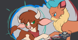 Size: 2476x1290 | Tagged: safe, artist:hyakuen, arizona (tfh), velvet (tfh), cow, deer, reindeer, them's fightin' herds, blushing, cloven hooves, community related, female, holding hooves, lesbian, looking at each other, looking at someone, open mouth, parody, shipping, velvezona