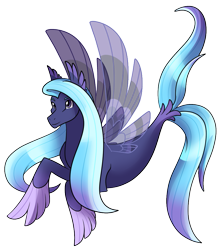 Size: 871x986 | Tagged: safe, artist:eternity9, oc, oc only, seapony (g4), blue mane, blue tail, clothes, dorsal fin, female, fin wings, fins, fish tail, flowing mane, flowing tail, purple eyes, see-through, simple background, smiling, solo, tail, transparent background, wings