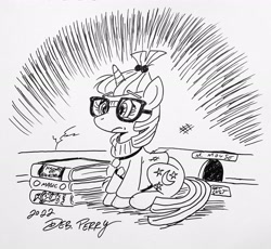 Size: 2692x2472 | Tagged: safe, artist:debmervin, moondancer, pony, unicorn, g4, book, clothes, female, glasses, high res, lonely, mare, melancholy, monochrome, mouse hole, sweater