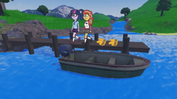 Size: 1280x720 | Tagged: safe, sci-twi, sunset shimmer, twilight sparkle, equestria girls, g4, boat, camp everfree outfits, dock, eddy misbehaves at camp goville, female, goanimate, lake, lesbian, lifejacket, roblox, ship:sci-twishimmer, ship:sunsetsparkle, shipping, tree, walking