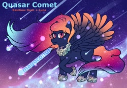 Size: 2048x1431 | Tagged: safe, artist:magoconut, princess luna, rainbow dash, oc, oc only, oc:quasar comet, pegasus, pony, bismuth, bismuth crystal, colored wings, colors, comet, crystal, female, flowing mane, flowing tail, fusion, fusion:princess luna, fusion:rainbow dash, jewelry, looking at you, lunadash (fusion), mare, multicolored hair, multicolored wings, night, night sky, pegasus oc, sky, smiling, smiling at you, solo, spread wings, stars, tail, watermark, wings