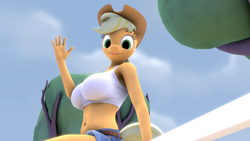 Size: 1920x1080 | Tagged: safe, artist:skippyarts, applejack, earth pony, anthro, g4, 3d, applejack's hat, belly button, big breasts, breasts, busty applejack, cowboy hat, female, hat, looking at you, mare, sexy, solo, source filmmaker, stupid sexy applejack