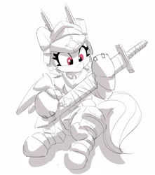 Size: 2580x2919 | Tagged: safe, artist:pabbley, rainbow dash, pegasus, pony, g4, armor, female, grayscale, high res, mare, monochrome, partial color, simple background, sitting, solo, sword, weapon, white background