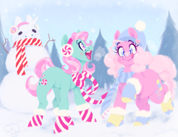 Size: 1027x788 | Tagged: safe, artist:pastelperyton, minty, pinkie pie (g3), pony, g3, clothes, earmuffs, g3 to g4, generation leap, scarf, snow, snowpony, socks