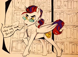 Size: 3875x2832 | Tagged: safe, artist:thewondersomethingorother, oc, oc:discovery apple, pegasus, pony, book, bookshelf, glasses, high res, implied twilight sparkle, male, offspring, parent:big macintosh, parent:twilight sparkle, parents:twimac, solo, speech bubble, stallion, traditional art