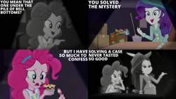 Size: 1280x720 | Tagged: safe, edit, edited screencap, editor:quoterific, screencap, pinkie pie, rarity, equestria girls, g4, my little pony equestria girls: better together, my little pony equestria girls: choose your own ending, rarity investigates: the case of the bedazzled boot, rarity investigates: the case of the bedazzled boot: pinkie pie, clothes, cutie mark on clothes, duo, duo female, eating, female, food, geode of sugar bombs, jewelry, magical geodes, necklace, open mouth, open smile, smiling, tank top