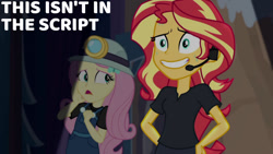 Size: 1280x720 | Tagged: safe, edit, edited screencap, editor:quoterific, screencap, fluttershy, sunset shimmer, equestria girls, g4, my little pony equestria girls: better together, opening night, opening night: sunset shimmer, duo, duo female, female, grin, hairpin, helmet, mining helmet, nervous, nervous smile, open mouth, smiling, sweat