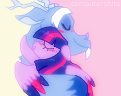 Size: 500x397 | Tagged: safe, artist:cutiesparke, discord, twilight sparkle, alicorn, draconequus, pony, g4, arm around neck, blue flu, blushing, colored wings, curled up, duo, embrace, eyes closed, female, hug, male, multicolored wings, shine, ship:discolight, shipping, signature, straight, twilight sparkle (alicorn), two toned mane, two toned wings, wings