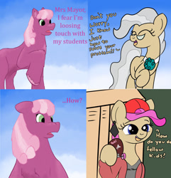 Size: 1971x2048 | Tagged: safe, artist:dafiltafish, artist:theenderrebel, cheerilee, mayor mare, earth pony, pony, g4, 4 panel comic, collaboration, comic, how do you do fellow kids, meme, non-dyed mayor, skateboard, steve buscemi