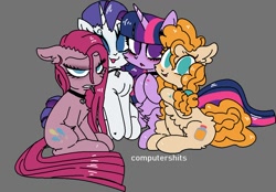 Size: 1000x695 | Tagged: safe, artist:cutiesparke, pear butter, pinkie pie, rarity, twilight sparkle, earth pony, pony, unicorn, g4, blushing, chest fluff, choker, ear fluff, eyeshadow, female, group, happy, hoof heart, looking at you, makeup, pinkamena diane pie, simple background, smiling, unicorn twilight, waifu, watermark