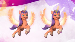 Size: 1280x720 | Tagged: safe, sunny starscout, alicorn, pony, g5, my little pony: a new generation, official, 3d, differences, glowing, glowing horn, glowing wings, horn, long hair, mane stripe sunny, multicolored hair, race swap, spread wings, sunnycorn, vkontakte, wings