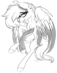 Size: 2373x3005 | Tagged: safe, artist:beamybutt, oc, oc only, pegasus, pony, colored wings, ear piercing, eyelashes, female, grayscale, high res, mare, monochrome, pegasus oc, piercing, simple background, solo, two toned wings, white background, wings