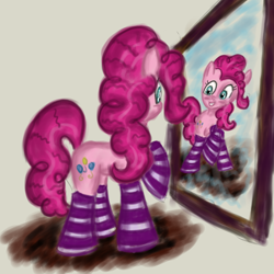 Size: 2110x2110 | Tagged: safe, artist:battyboopers, artist:staremastershy, pinkie pie, earth pony, pony, g4, atg 2014, clothes, eyelashes, female, grin, high res, mare, mirror, raised hoof, reflection, smiling, socks, striped socks