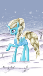 Size: 3240x5760 | Tagged: safe, artist:battyboopers, artist:staremastershy, pony, unicorn, atg 2014, elsa, female, frozen (movie), mare, outdoors, ponified, raised hoof, snow, solo