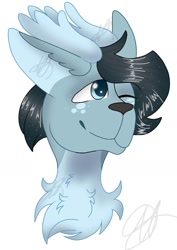 Size: 1002x1412 | Tagged: safe, artist:teonnakatztkgs, oc, oc only, pony, bust, chest fluff, ear fluff, one eye closed, signature, simple background, smiling, solo, white background, wink