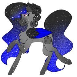Size: 1500x1500 | Tagged: safe, artist:teonnakatztkgs, oc, oc only, pegasus, pony, chest fluff, colored wings, ethereal mane, eyelashes, makeup, pegasus oc, raised hoof, simple background, smiling, solo, starry mane, two toned wings, white background, wings