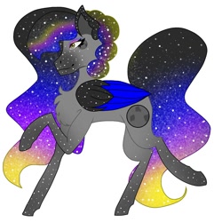 Size: 1500x1500 | Tagged: safe, artist:teonnakatztkgs, oc, oc only, pegasus, pony, chest fluff, colored wings, ethereal mane, eyelashes, makeup, pegasus oc, raised hoof, simple background, smiling, solo, starry mane, two toned wings, white background, wings
