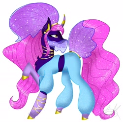 Size: 1681x1664 | Tagged: safe, artist:teonnakatztkgs, oc, oc only, genie, pony, unicorn, chest fluff, clothes, ear piercing, hoof polish, horn, looking back, neck rings, piercing, raised hoof, simple background, solo, unicorn oc, veil, white background