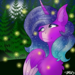 Size: 1500x1500 | Tagged: safe, artist:teonnakatztkgs, oc, oc only, alicorn, firefly (insect), insect, pony, bust, chest fluff, ethereal mane, female, mare, outdoors, signature, smiling, solo, starry mane, stars, tree