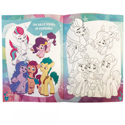 Size: 700x700 | Tagged: safe, hitch trailblazer, izzy moonbow, pipp petals, sunny starscout, zipp storm, earth pony, pegasus, pony, unicorn, g5, my little pony: a new generation, official, 2d, coloring book, female, flying, group, italian, italian coloring book, looking at you, male, mane five, mare, merchandise, photo, raised hoof, siblings, sisters, stallion