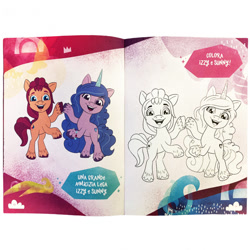 Size: 700x700 | Tagged: safe, izzy moonbow, sunny starscout, earth pony, pony, unicorn, g5, my little pony: a new generation, official, 2d, bipedal, coloring book, happy, holding hoof, italian, italian coloring book, merchandise, photo, smiling, standing