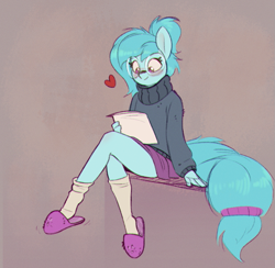 Size: 761x743 | Tagged: safe, artist:rexyseven, oc, oc only, oc:whispy slippers, anthro, plantigrade anthro, blushing, clothes, female, glasses, heart, ponytail, shoe dangling, skirt, slippers, smiling, socks, solo, sweater, turtleneck