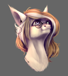 Size: 2070x2300 | Tagged: safe, artist:miurimau, oc, oc only, earth pony, pony, chest fluff, ear piercing, earring, earth pony oc, glasses, gray background, high res, jewelry, looking up, piercing, simple background, smiling, solo