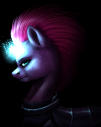 Size: 1840x2300 | Tagged: safe, artist:miurimau, tempest shadow, pony, unicorn, g4, my little pony: the movie, armor, black background, broken horn, female, horn, mare, simple background, smiling, solo, sparking horn