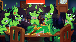 Size: 1920x1080 | Tagged: safe, artist:headhazed, oc, oc:anon, oc:filly anon, earth pony, pegasus, pony, unicorn, 4chan, alcohol, angry, beer, bits, card, chai, cigar, clock, cross-popping veins, crying, dogs playing poker, drunk, female, filly, foal, gambling, grandfather clock, group, hoof hold, magic, money, onomatopoeia, painting, parody, pipe, playing card, poker, ruffled feathers, sleeping, smoking, sound effects, sunglasses, sweat, zzz