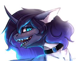 Size: 2000x1600 | Tagged: safe, artist:miurimau, oc, oc only, pony, unicorn, bust, collar, horn, sharp teeth, simple background, smiling, solo, teeth, tongue out, unicorn oc, white background