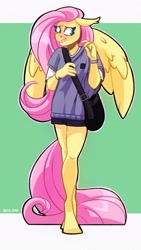 Size: 1080x1920 | Tagged: safe, artist:lrusu, fluttershy, pegasus, anthro, unguligrade anthro, g4, bag, clothes, floppy ears, grin, nervous, shirt, shorts, shoulder bag, smiling, solo, spread wings, wings