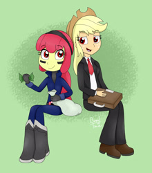 Size: 2550x2904 | Tagged: safe, artist:bageloftime, idw, apple bloom, applejack, equestria girls, g4, ponies of dark water, briefcase, clothes, duo, female, high res, money bag, red eyes, siblings, sisters, suit