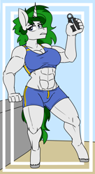 Size: 1183x2167 | Tagged: safe, artist:coatieyay, oc, oc only, oc:baron, unicorn, anthro, unguligrade anthro, abs, breasts, female, muscles, muscular female, unshorn fetlocks, workout, workout outfit