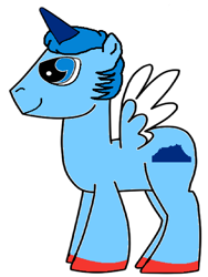 Size: 720x960 | Tagged: safe, artist:farhanazlan64, oc, oc only, oc:afif, alicorn, pony, alicorn oc, blue eyes, blue mane, colored hooves, full body, hooves, horn, male, no tail, side view, simple background, smiling, solo, spread wings, stallion, standing, white background, wings