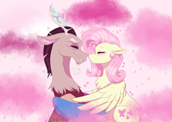 Size: 3508x2480 | Tagged: safe, artist:delfinaluther, discord, fluttershy, draconequus, pegasus, pony, g4, blushing, boop, chest fluff, chocolate, chocolate milk, chocolate rain, cloud, duo, ear fluff, eyes closed, female, floppy ears, food, heart, high res, male, mare, milk, noseboop, nuzzling, profile, rain, ship:discoshy, shipping, signature, smiling, straight, wings