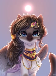 Size: 2300x3128 | Tagged: safe, artist:hakaina, oc, oc only, sphinx, :<, chest fluff, cute, egyptian, facial markings, high res, jewelry, looking at you, markings, solo, spread wings, sun, tail, tail fluff, wings