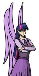 Size: 2403x4687 | Tagged: safe, artist:deroach, twilight sparkle, alicorn, human, equestria project humanized, g4, abstract background, clothes, crossed arms, cutie mark on clothes, humanized, simple background, transparent background, twilight sparkle (alicorn), winged humanization, wings
